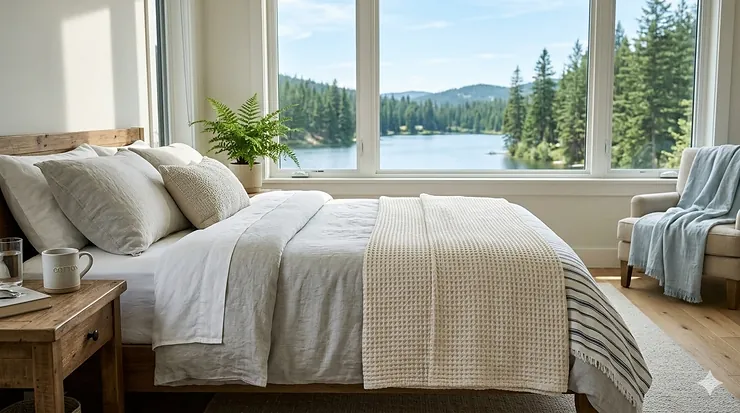 Lightweight cotton summer blankets on a bed in a bright Canadian home, ideal for hot Ontario summers. summer blankets Canada