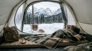 Illustration of a heavy-duty wool blanket used for warmth during a winter camping trip in the Rockies.