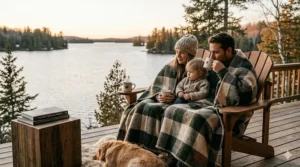 Illustration of a family wrapped in wool blankets on a deck overlooking a lake in Muskoka or Quebec.