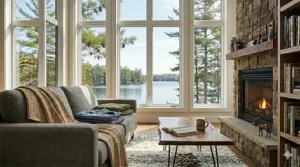 A serene morning scene with a luxury European linen blanket, coffee, and a book, reflecting a relaxed Canadian lifestyle.