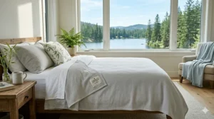 A moisture-wicking bamboo summer blanket for humid weather in Montreal and the Maritimes.