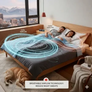 Technical illustration showing air circulation through a blanket designed for temperature regulation, reducing night sweats.