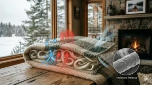 Technical illustration of wool's moisture-wicking properties, ideal for humid or snowy climates.