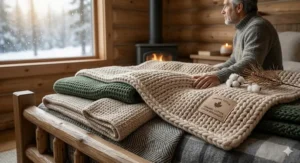Close-up of a premium organic cotton blanket with a bilingual Canadian Coton Biologique label in a rustic, sun-drenched cabin.