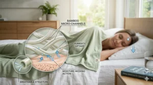 Diagram showing how moisture-wicking bamboo fibers provide temperature regulation for hot sleepers in Canada.