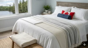 A rolled cream-colored cotton blanket in a wicker basket on a wooden cottage deck overlooking a peaceful Canadian lake.