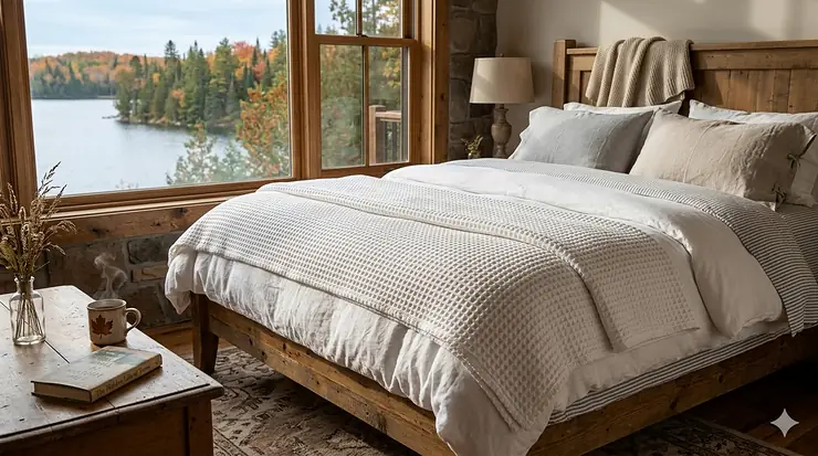 A premium white cotton waffle blanket layered on a modern bed in a Canadian lakeside cottage with large windows.