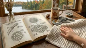 Three rolled cotton waffle blankets labeled Twin, Queen, and King on a rustic wooden table in a sunlit room.