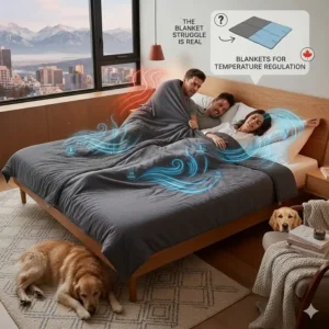 A humorous illustration of a couple struggling with a traditional duvet, highlighting the need for blankets for temperature regulation in couples.