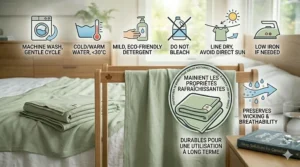 Bilingual graphic featuring bamboo blankets for night sweats (couvertures en bambou pour sueurs nocturnes) for the Quebec market.