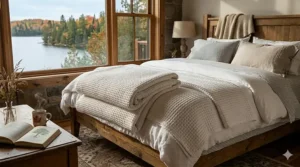 A white cotton waffle blanket neatly folded on a bed in a rustic Canadian log cabin overlooking a lake in autumn.