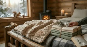 Detailed illustration of a thick, woven organic cotton blanket on a wooden bed frame, emphasizing longevity and natural warmth.
