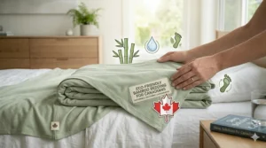 Sustainable bamboo blanket displayed with a maple leaf icon, highlighting eco-friendly bedding options for Canadian homes.