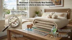 Stylized illustration of sustainable, hypoallergenic wool blankets produced with eco-conscious practices for the Canadian market.