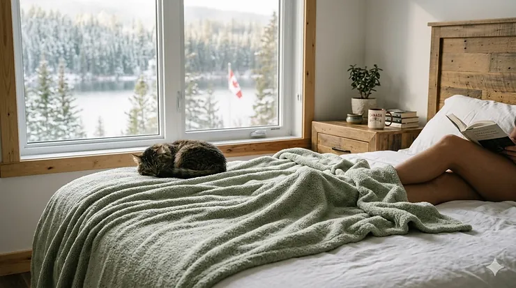 A high-definition photograph of a soft, textured sage green bamboo blanket on a bed in a cozy Canadian bedroom, overlooking a snowy lake and forest.