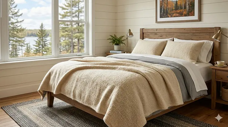 A cozy Canadian bedroom featuring premium hypoallergenic wool blankets draped over a bed, highlighting natural textures for sensitive skin.
