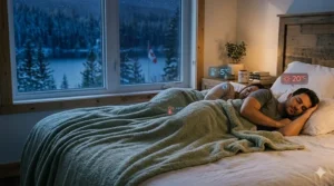 A bedroom scene showing a bamboo blanket providing personalized temperature regulation for a couple during a cold Canadian night.