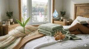 A visual representation of the environmental benefits of bamboo blankets, featuring sustainable water and Canadian wildlife icons.