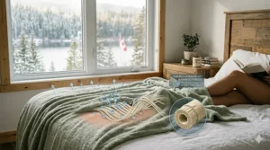 A detailed technical diagram showing how moisture evaporates through breathable bamboo fibers to keep users dry and comfortable.