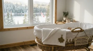 A soft, hypoallergenic white organic bamboo baby blanket folded in a handcrafted wicker bassinet in a bright Canadian nursery.