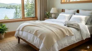 A woman wrapped in a thin cotton throw blanket by a coastal window in Atlantic Canada, enjoying a breezy summer morning.