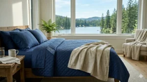 A natural linen throw blanket draped over a chair, perfect for breezy lakeside evenings at a Canadian cottage.