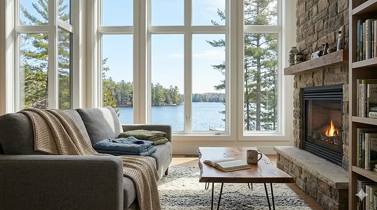 A cozy Canadian living room featuring luxury European linen blankets draped over a modern sofa, perfect for chilly evenings.