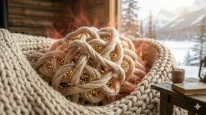 A high-resolution, photorealistic macro illustration showing a close-up of natural merino wool fibers trapping heat to create the warmest winter blankets for Canadian homes.