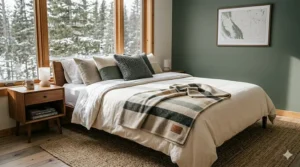 Stylish wool throw blanket styled on a bed, highlighting the best wool blankets for Canadian interior design.