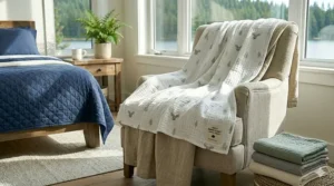 Soft muslin cotton summer blanket for toddlers with a moose pattern, keeping kids cool during a Vancouver summer.