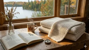 An open vintage book titled Waffle Weave Anatomy detailing the technical honeycomb structure of a cotton waffle blanket.