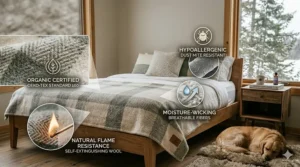 Illustration highlighting the fire-resistant and hypoallergenic benefits of organic wool bedding.