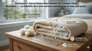 An infographic listing the benefits of hypoallergenic wool blankets, including dust mite resistance and moisture-wicking properties.