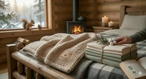 A serene scene featuring organic cotton blankets, a warm cup of coffee, and a view of the Canadian wilderness through a cabin window.