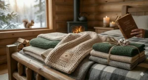 A set of folded organic cotton blankets tied with twine and a sprig of evergreen, ready for gifting to an eco-conscious Canadian home.