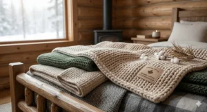 A woman in a log cabin cozying up with high-quality organic cotton blankets while looking out at a snowy Canadian forest.