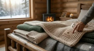 High-detail shot of thick, textured organic cotton blankets stacked on a bed near a warm fireplace in a Canadian winter setting.