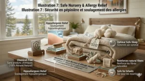 Illustration of a nursery setting with hypoallergenic wool blankets, emphasizing safety and comfort for Canadian infants.
