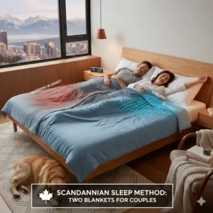 Illustration of the Scandinavian sleep method using individual blankets for temperature regulation, popular among Canadian couples.