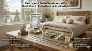 A four-season graphic showing hypoallergenic wool blankets used for winter warmth in Calgary and cool summer nights in BC.