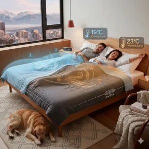 Diagram showing two different temperature zones on one bed, illustrating blankets for temperature regulation for couples with different needs.