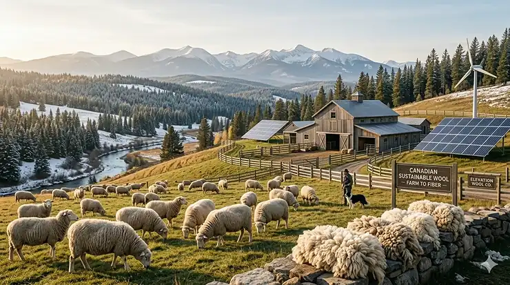 Illustration of ethically sourced wool from Canadian sheep farms, emphasizing eco-friendly textile practices.