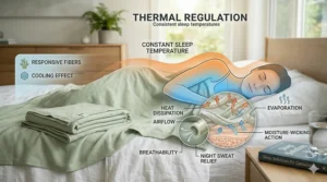 Infographic explaining thermal regulation properties of bamboo blankets for consistent sleep temperatures.