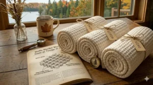 A versatile cream-colored cotton waffle blanket used as a cozy throw next to a window with a view of the Canadian wilderness.