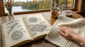Technical diagram of cotton waffle weave fibers next to a soft blanket and a mug with a Canadian maple leaf.