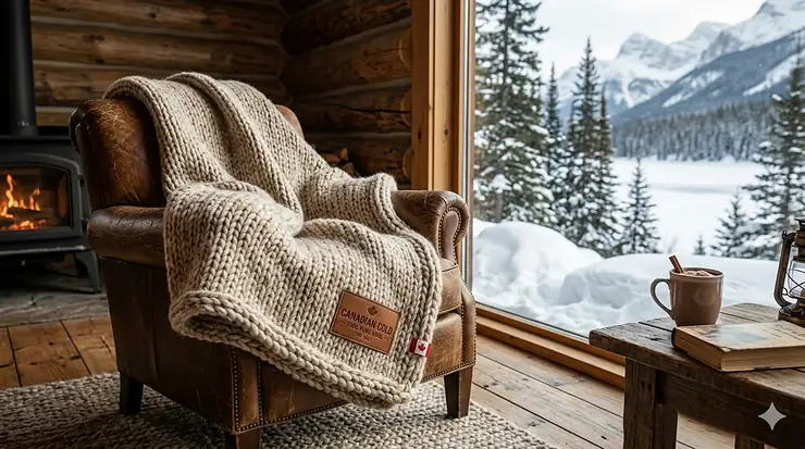 A photorealistic, detailed 4K view of a thick, chunky knit beige wool blanket with a Canadian Cold leather patch, draped over a leather armchair in a rustic log cabin overlooking a snowy mountain landscape, designed as the warmest wool blanket for winter. warmest wool blankets for winter