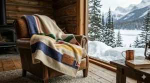 A rugged, durable forest green wool blanket used for winter camping by a person at a campfire overlooking a snowy mountain valley in the Canadian Rockies.