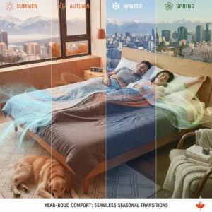 Graphic showing a blanket providing comfort through all four seasons, from Canadian summer heat to winter cold.