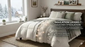 Illustration of a dust-mite resistant, hypoallergenic down alternative blanket, ideal for Canadian homes with pets.