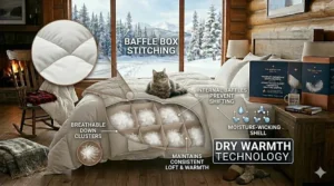 Technical illustration of baffle-box stitching that prevents down from shifting, ideal for consistent heat in Canada.